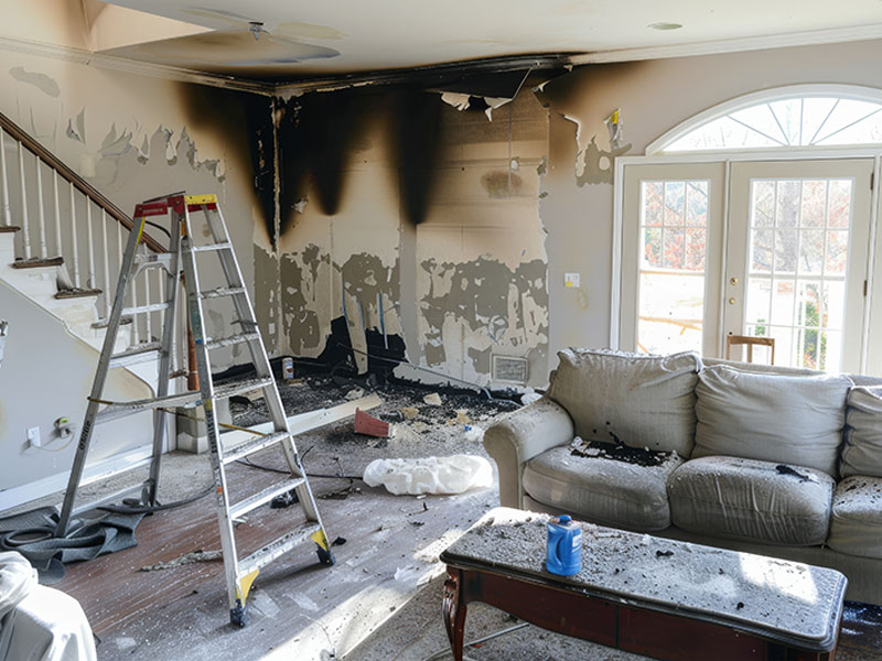Fire damage restoration scene in a living room with soot damage, ladder, and cleanup in progress